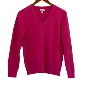 Kim Rogers Bright Pink Cotton V-Neck Long Sleeve Cable Knit Sweater, Size XL